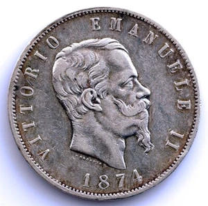 Italia - Vittorio Emanuel II. 5 Liras 1874 Milán. MBC+/VF+ Plata 24,9 g. - Imagen 1 de 2