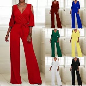 Women Sexy Cold Shoulder Jumpsuit Evening Party Cocktail Wide Leg Playsuit Pants - Picture 1 of 23