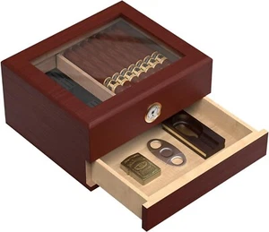Glass Top Cigar Humidor Box - Holds 20-50 Cigars - Picture 1 of 7