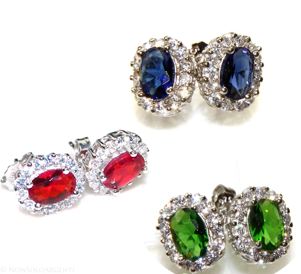 ORECCHINI DONNA ARGENTO 925 STUDs OVALE ZIRCONE 9x7 PUNTO LUCE VERDE BLU ROSSO - Immagine 1 di 1