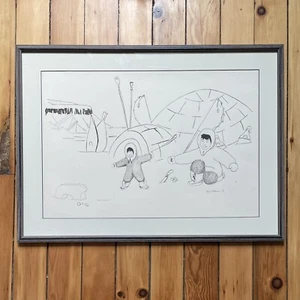 Inuit Künstler Mary Kapbak Okheena Bleistift & Tusche Zeichnung mit dem Titel "Keep Trying" - Bild 1 von 12