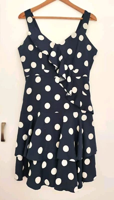 Navy Blue Linen Spotted Dress HI THERE From Karen Walker Size 12 Fit & Flare  *G - image 1 of 4