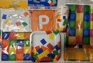 Building BLOCK PARTY Birthday Party Supply DELUXE Kit 8 w/Sq Plate Banner & Bags - Picture 1 of 1