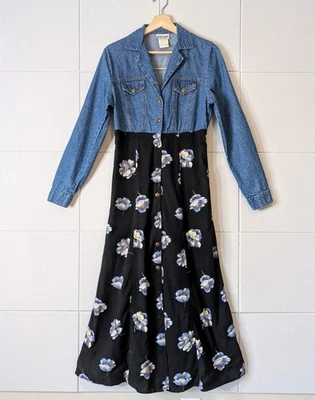 Винтажный 90-х джинсовой ткани и цветочный комбинации трапециевидная рубашка платье Whimsygoth осени - Изображение 1 из 4