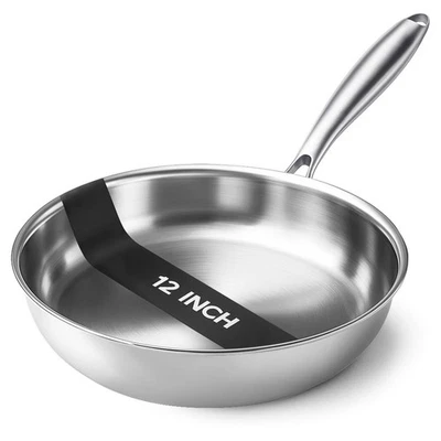 Tri-Ply Stainless Steel Pan 12 Inch Frying Fast and Even Heat Skillet Induction - Image 1 of 4