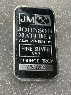 Barra de plata fina Johnson Matthey 1 Troy OZ .999 #C351318 Foto 1 de 4