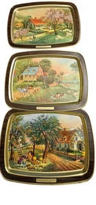Juego de 3 bandejas de hojalata Currier and Ives The American Homestead de colección MCM - Imagen 1 de 19