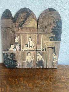 Vintage kambodschanische Volkskunst Gemälde auf Holztafeln handbemalt Dorfszene - Bild 1 von 13