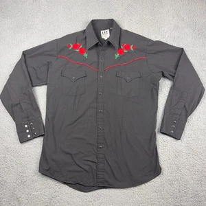 VTG Ely Cattleman Western Shirt Mens L Black Embroidered Red Roses Pearl Snap - Picture 1 of 9
