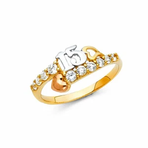 14k Real 3T Solid Gold Quince 15 CZ Hearts Quinceañera Ring Oro Solido Anillo - Picture 1 of 3
