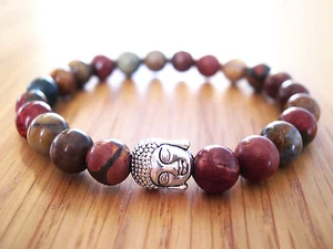 Handcrafted Semi Precious Stone Bracelet w/ Picasso Jasper Beads & Silver Buddha - Picture 1 of 4