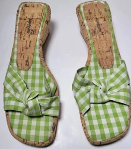 Jacqueline Ferrar Plaid Green White Heel Casual Dress Sandals Shoes Women's 7M - Picture 1 of 12