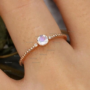 Rainbow Moonstone Gemstone Engagement Ring Diamond Solid 14k Yellow Gold Jewelry - Picture 1 of 2