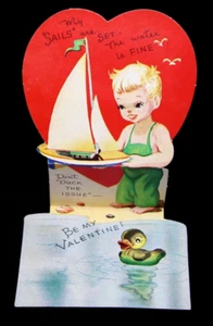 Vtg A-Meri-Card Die-Cut Fold-Out Valentine Boy Sailboat Duck MY SAILS ARE SET... - Picture 1 of 5
