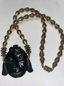Collana Buddha giada nera art deco viso nero e verde vintage insolita - Foto 1 di 12