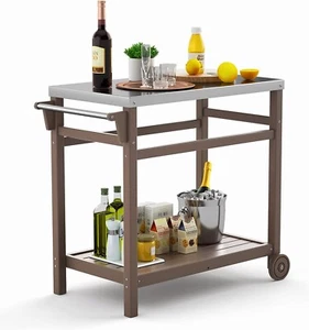 Outdoor Prep Dining Table Cart for Pizza Oven Patio Grill Backyard BBQ (Brown) - Picture 1 of 9