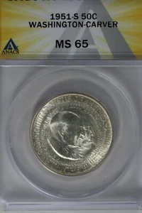 1951-S .50  ANACS  MS 65 WASHINGTON-CARVER   Classic Commemorative Coins  - Picture 1 of 2