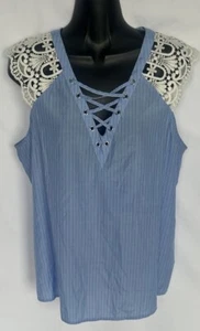 Express Womens Tank Blouse Lace Trim Top Blue/White Drawstring Neck Large NWOT - Picture 1 of 9