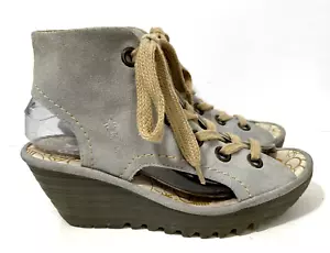 Fly London Yaba Lace Up Wedge Sandals Suede Gray/Taupe 39 8-8.5 - Picture 1 of 12