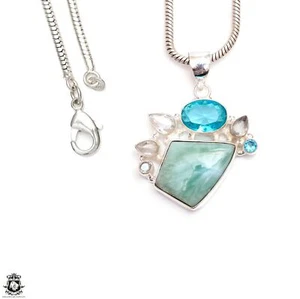 Aqua Blue Larimar Pearl Clear Topaz Blue Topaz & FREE 3MM Italian Chain P9429 - Picture 1 of 10