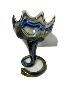 Vintage 1960’s Sooner Art Glass Stretch Pedestal 10” Vase -Greens & Blues - Picture 1 of 7
