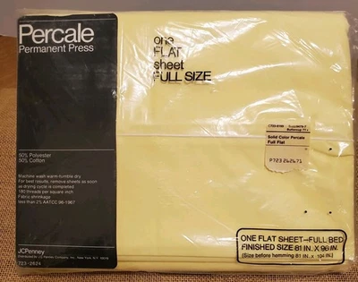 NOS 复古 JCPennys Permanent Press Percale Sheet 全尺寸黄色床单 50/50  — 第 1/4 张图片