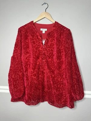 Nueva Blusa Para Mujer Roja Talla XL Terciopelo Burnout Festivo Vacaciones Mangas Transparentes Foto 1 de 4