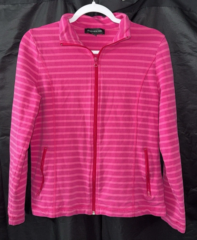 Jones New York Mujer Rosa Rayas Cremallera Completa Manga Larga SUÉTER TALLA MEDIANA USADO EN EXCELENTE ESTADO Foto 1 de 1
