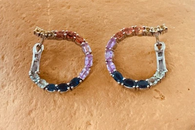 Pendientes de aro de zafiro arco iris - plata de ley Foto 1 de 2