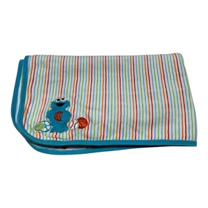 Sesame Street Cookie Monster Elmo Sports Balls Striped Baby Blanket Cotton Blue - Picture 1 of 7