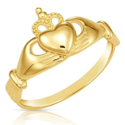 14K Real Solid Yellow Gold Dainty Claddagh Minimalist Love Promise Band Ring - Image 1 of 4