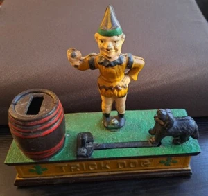 Vintage Cast Iron Trick Dog and Clown Mechanical Coin Bank (Works) - Picture 1 of 16