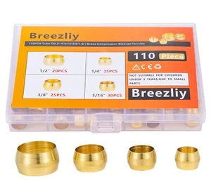 110PCS Tube OD(1/4" 5/16" 3/8" 1/2") Brass Compression Sleeves Ferrules,Brass... - Picture 1 of 6
