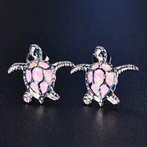 Cute Sea Turtle Pink Simulated Opal Dangle Stud Earrings Silver Wedding Jewelry 