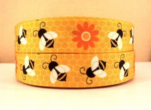 Grosgrain Bumble Bee Honeycomb Floral Flower Ribbon 1" 25mm - Picture 1 of 1