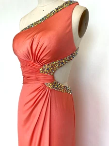 One Shoulder Beaded Coral Jersey Formal Dress Long Dress Evening Party Size 4 - Picture 1 of 9