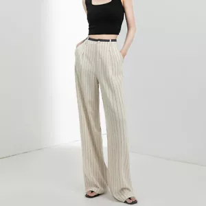 Linen Thin High Waist Women's Casual Striped Wide-leg Pants Trousers Linen Pants - Picture 1 of 16