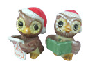 Vtg Christmas Owls Caroling Pair!  2!!  CERAMIC!  3" TALL!  SANTA CAPS!  