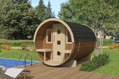 Saunafass Fasssauna Saunahaus 205x300cm 42mm +Terrasse Thermoholz +AKTION+ - Bild 1 von 4