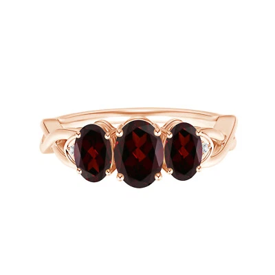 Three Stone 6x4MM Oval Garnet 14k Rose Gold Twisted Shnak Women Ring Foto 1 de 4