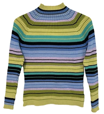 Suéter S/M vintage anos 90 Y2K verde azul roxo listrado brilhante com nervuras macio Club Rave - Imagem 1 de 4