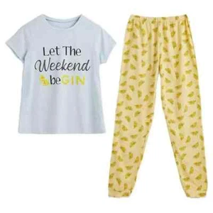 Let The Weekend Be Gin PJs pyjamas, nightwear by Avon, yellow grey, 8/10UK small - Picture 1 of 2