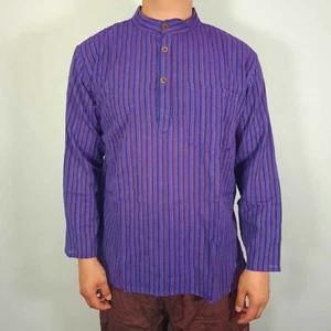 Mens Purple Kurta Striped Long Sleeve Shirt Indian Clothing Nepal Ethnic Hippie - Picture 1 of 10