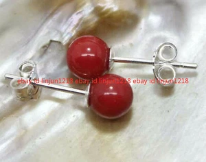 Pendientes de tachuelas de plata 925 de gemas redondas de coral rojo natural de 8/10/12/14 mm AAA - Imagen 1 de 12