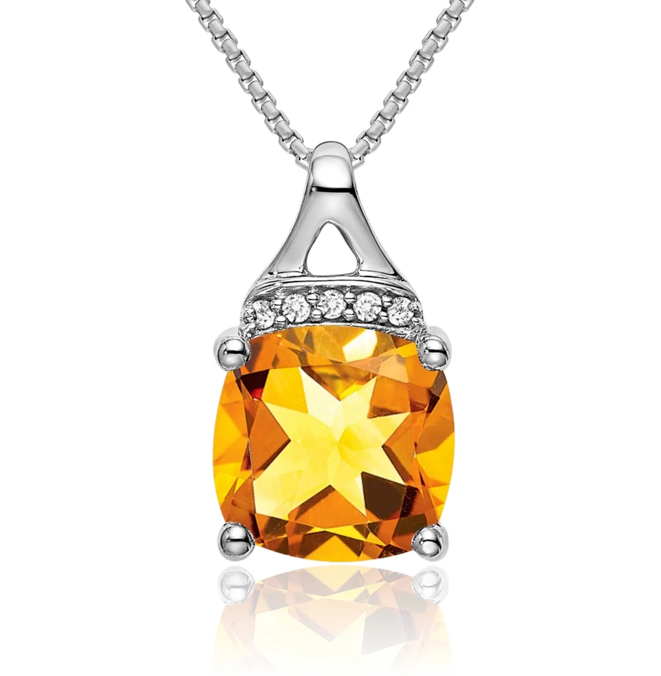 14K Solid White Gold Cushion-Cut Citrine Diamond Necklace - Image 1 of 1
