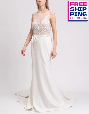 PVP €1861 THEIA Vestido de Novia US6 UK10 IT42 M Contraste Seda Bordado Con Cuentas Foto 1 de 4