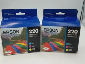 (2) Epson 220 Cyan Yellow Magenta Ink Cartridges Sets Exp. 04/2027 Sealed - Picture 1 of 4