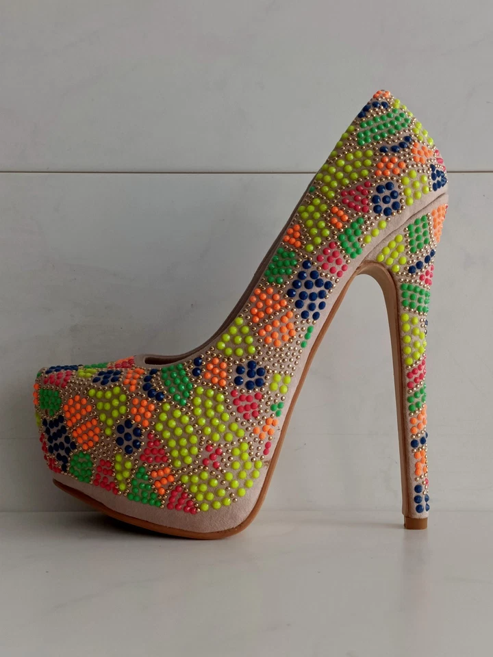 Jumex Mosaïc HP8406 Beige High Heels Sz 36 Heel 6.3" Plateau 2" - Photo 1/1