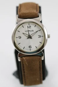 Lorus Men Watch Stainless Silver Steel Leather Brown WR Battery White Quartz - Picture 1 of 6