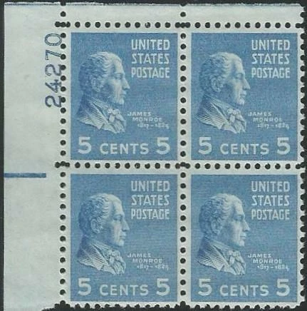 Plate Block of 4 stamps - Scott 810 - 5 cent - James Monroe - 1938 - MNH - Image 1 of 1